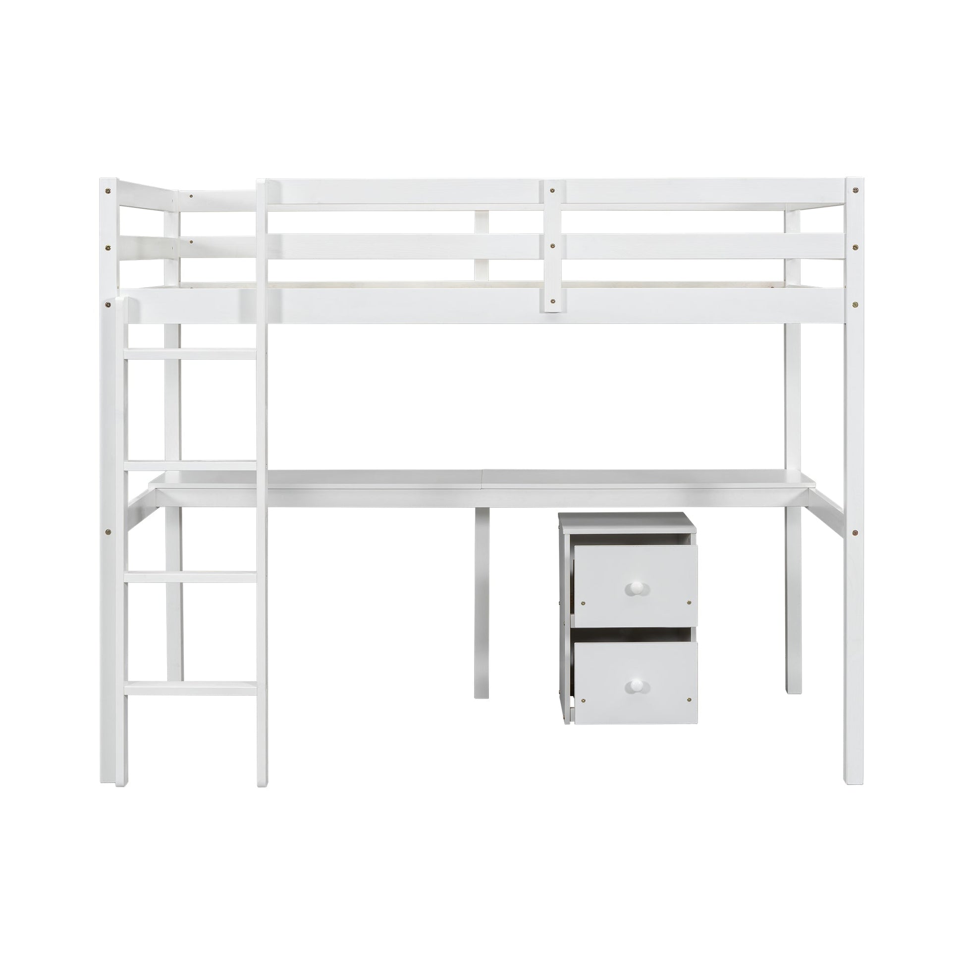 Twin Loft Wood Bed with Under-bed, Built-in Desk, a Storage Cabinet of 2 Drawers, Guardrails, Ladder,White - Korvel