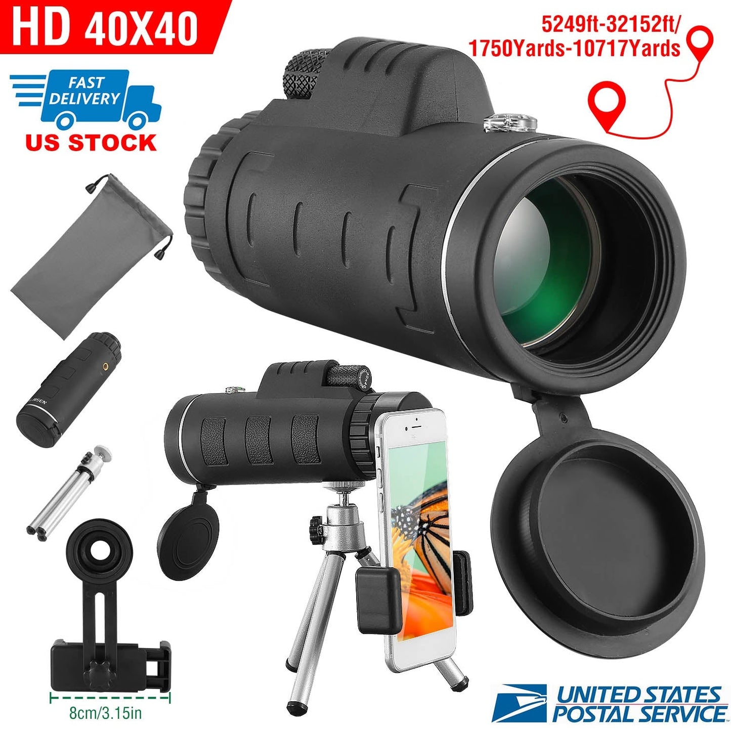 Télescope Monoculaire Optique HD Gbruno 40x40 avec Trépied et Support de Téléphone