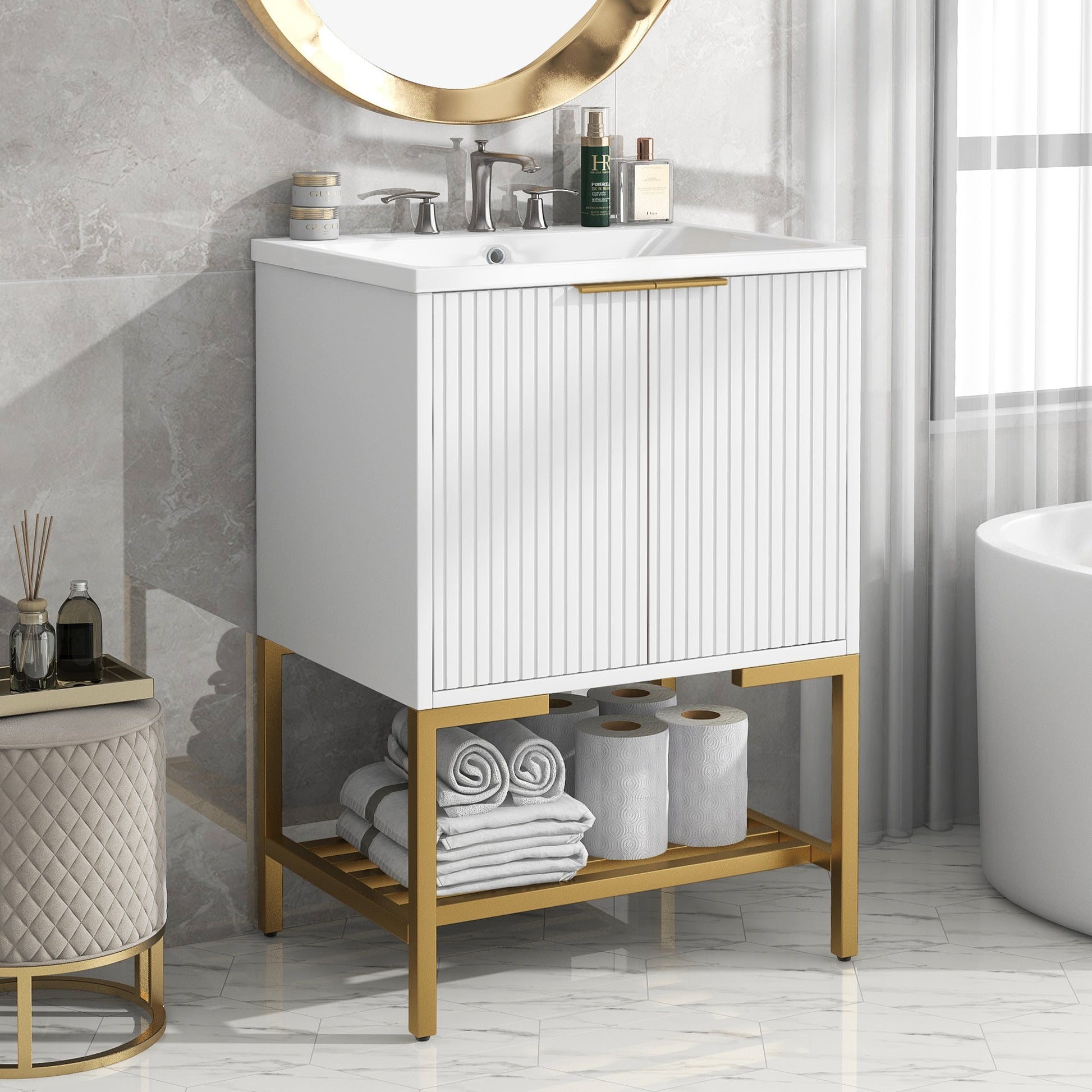 24" Bathroom Vanity with Sink, Bathroom Vanity Cabinet with Two Doors and Gold Metal Frame, Open Storage Shelf, White - Korvel