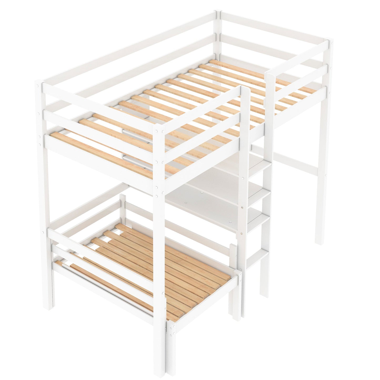 Convertible Loft Bed with L-Shape Desk, Twin Bunk Bed with Shelves and Ladder White - Korvel