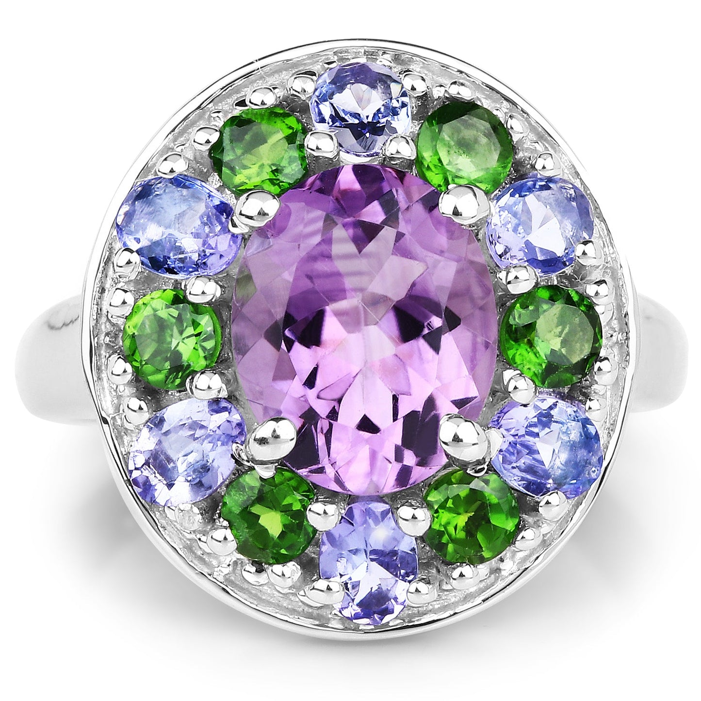 3.89 Carat Amethyst, Tanzanite & Chrome Diopside Sterling Silver Ring