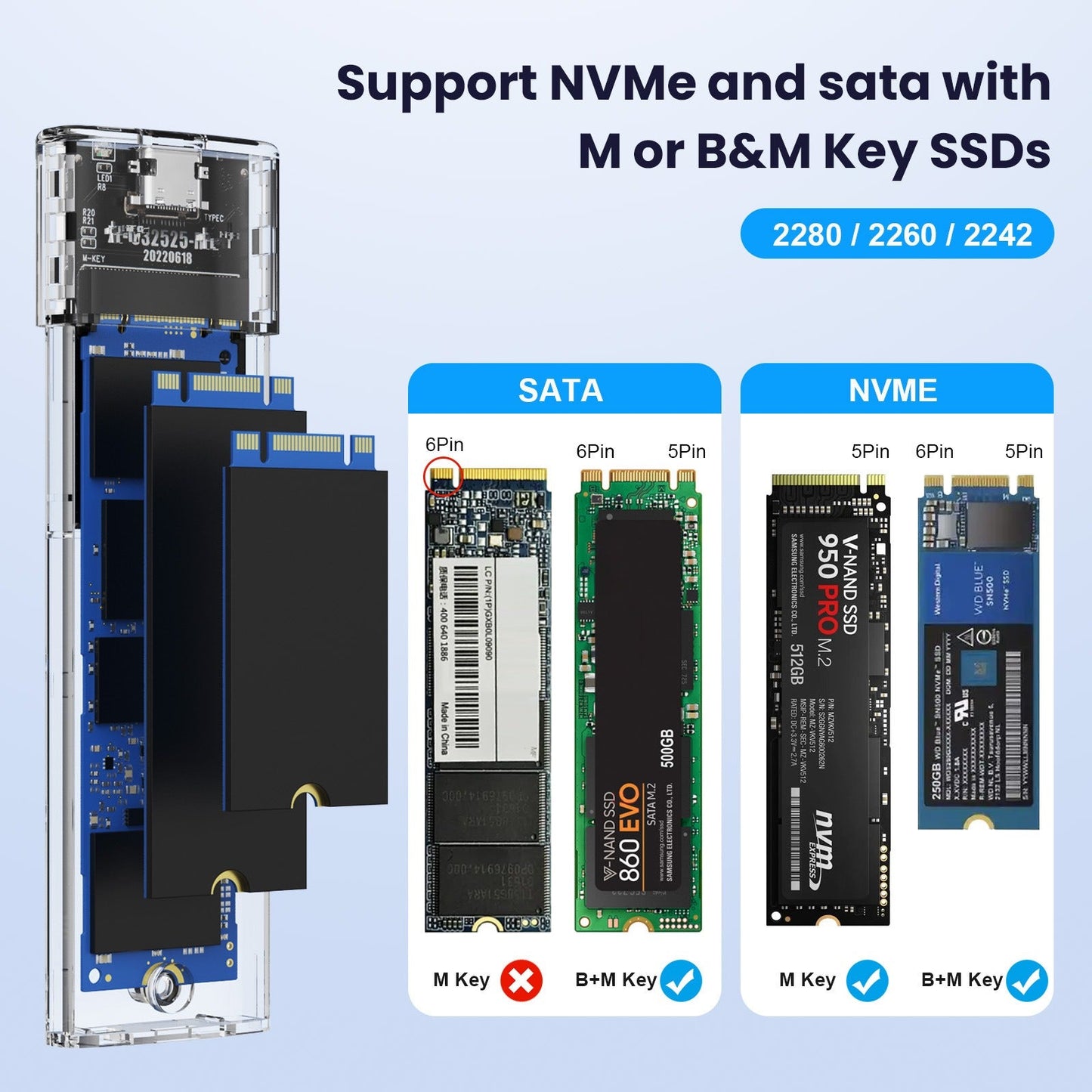 Tool free portable hard drive case transparent NVMe 10Gb M2 solid-state drive case type-C3.1 - Korvel
