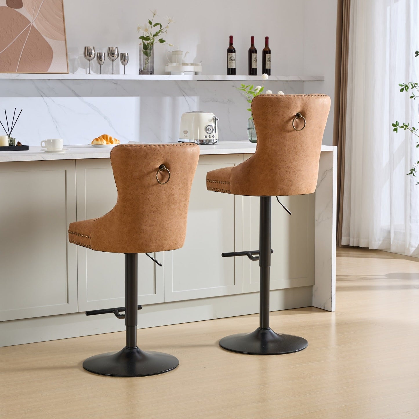 Vintage PU rotating bar stool, seat height adjustable from 25-33 inches, modern bar stool (orange, 2-piece set) - Korvel