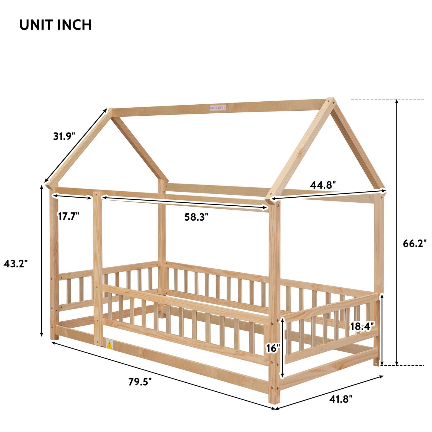 Lit en bois taille twin avec cadre de toit de maison et barrières de sécurité