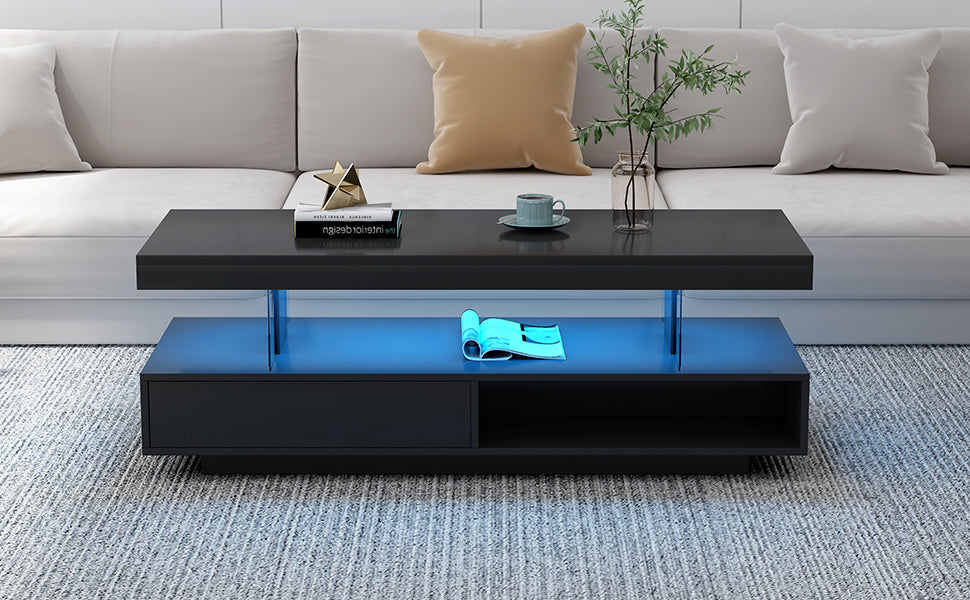 U-Can LED coffee table with storage space, modern central table with 2 drawers and display rack, equipped with LED lights, black - Korvel