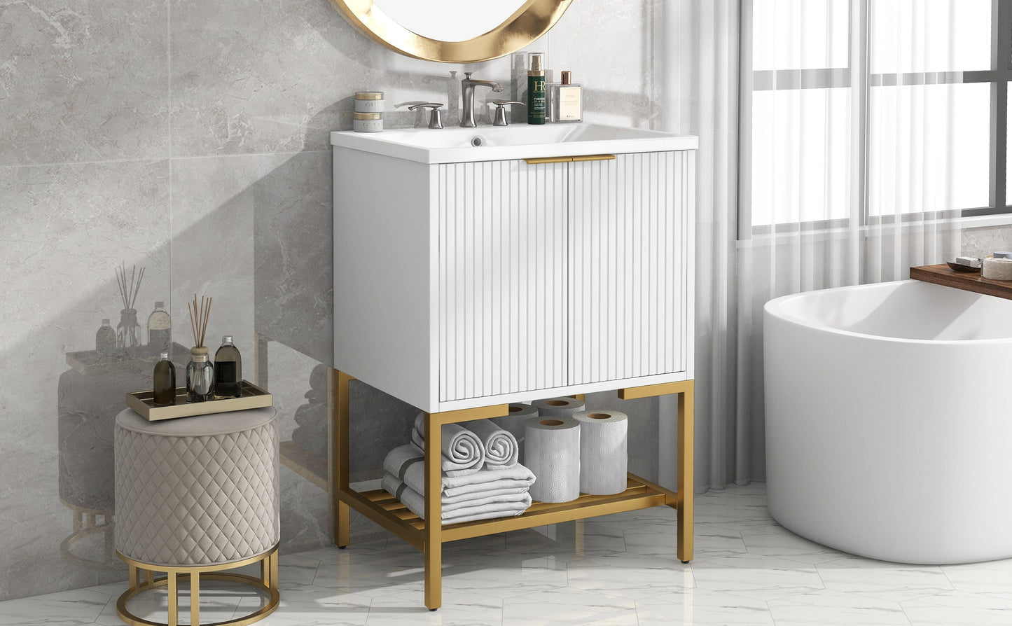 24" Bathroom Vanity with Sink, Bathroom Vanity Cabinet with Two Doors and Gold Metal Frame, Open Storage Shelf, White - Korvel