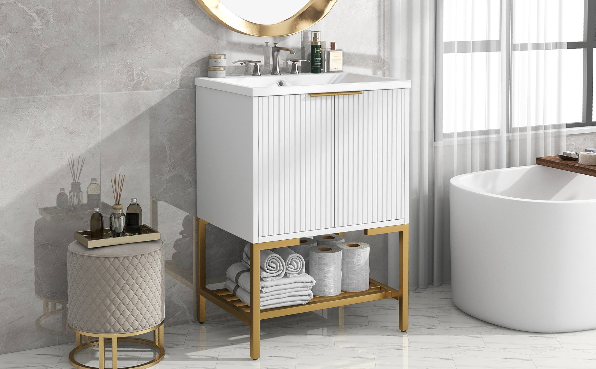 24" Bathroom Vanity with Sink, Bathroom Vanity Cabinet with Two Doors and Gold Metal Frame, Open Storage Shelf, White - Korvel