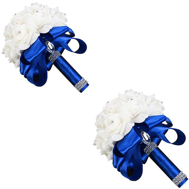 White Ivory Bridal Bridesmaid Flower Wedding Bouquet Artificial Flower Rose Bouquet Crystal Bridal Bouquets - Korvel