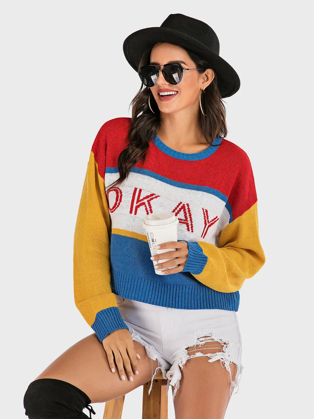 Contrast Dropped Shoulder Long Sleeve Sweater - Korvel