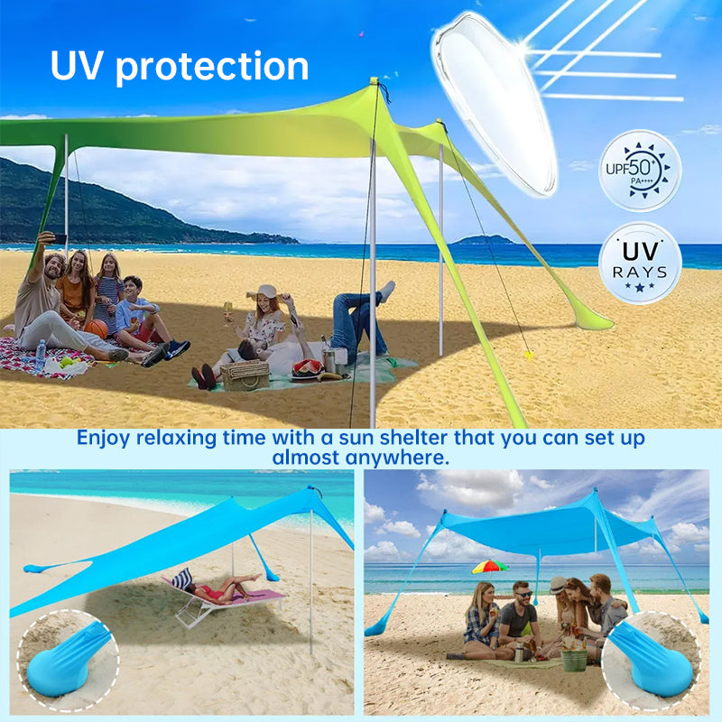Family beach tent, large pop-up parasol, beach shelter, sun shade. Stable poles with portable carry bag. Outdoor shade. - Korvel