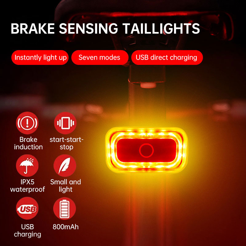 Intelligent induction brake bicycle taillight road mountain bike charging warning riding equipment square red taillight - Korvel