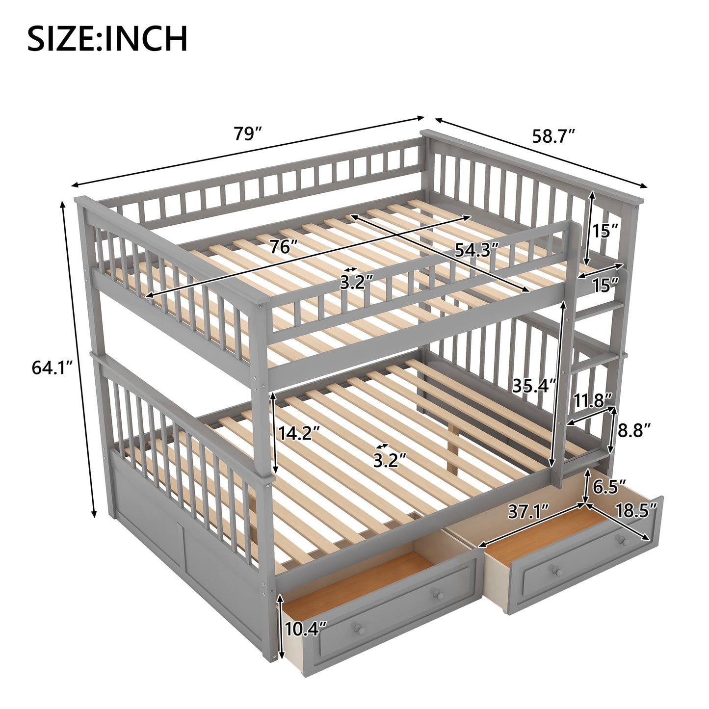 Full over Full Bunk Bed with Drawers, Convertible Beds  Gray - Korvel