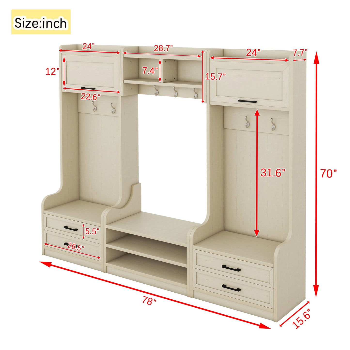 Four in one detachable hall tree with drawers and cabinets, 7 hooks, multifunctional corridor hangers, antique beige shoe stools - Korvel