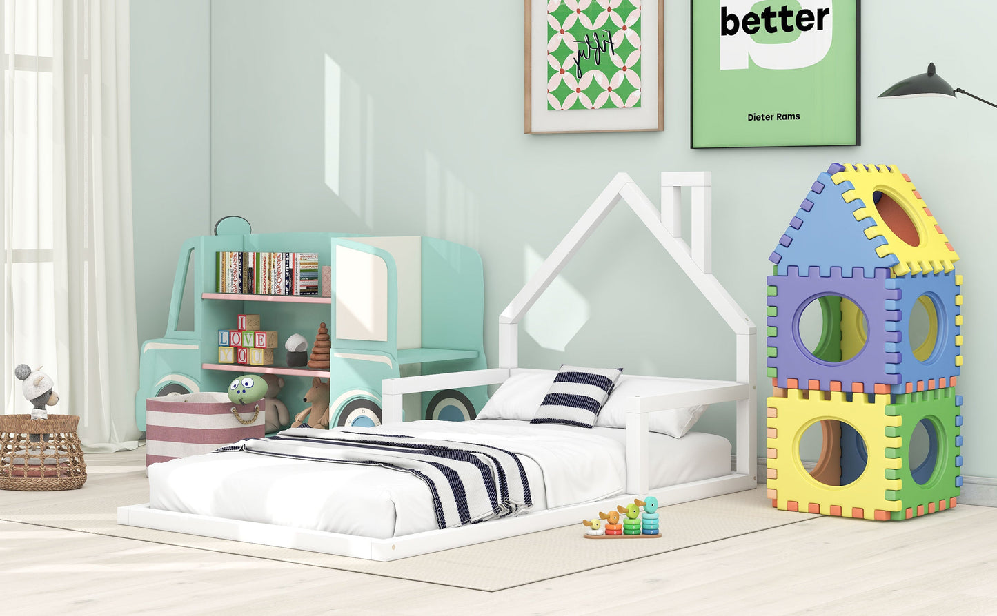 Cama de Madera de Tamaño Twin con Cabecera en Forma de Casa - Blanca