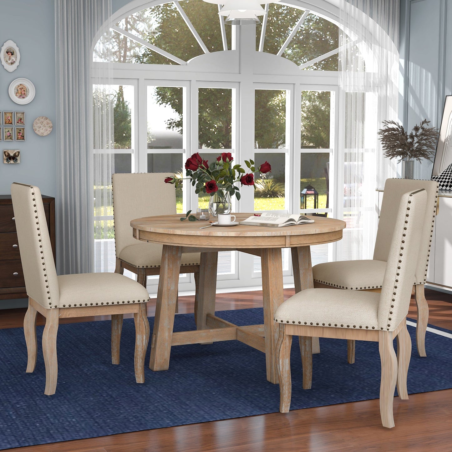 TREXM 5-Piece Farmhouse Dining Table Set Wood Round Extendable Dining Table and 4 Upholstered Dining Chairs (Natural Wood Wash) - Korvel