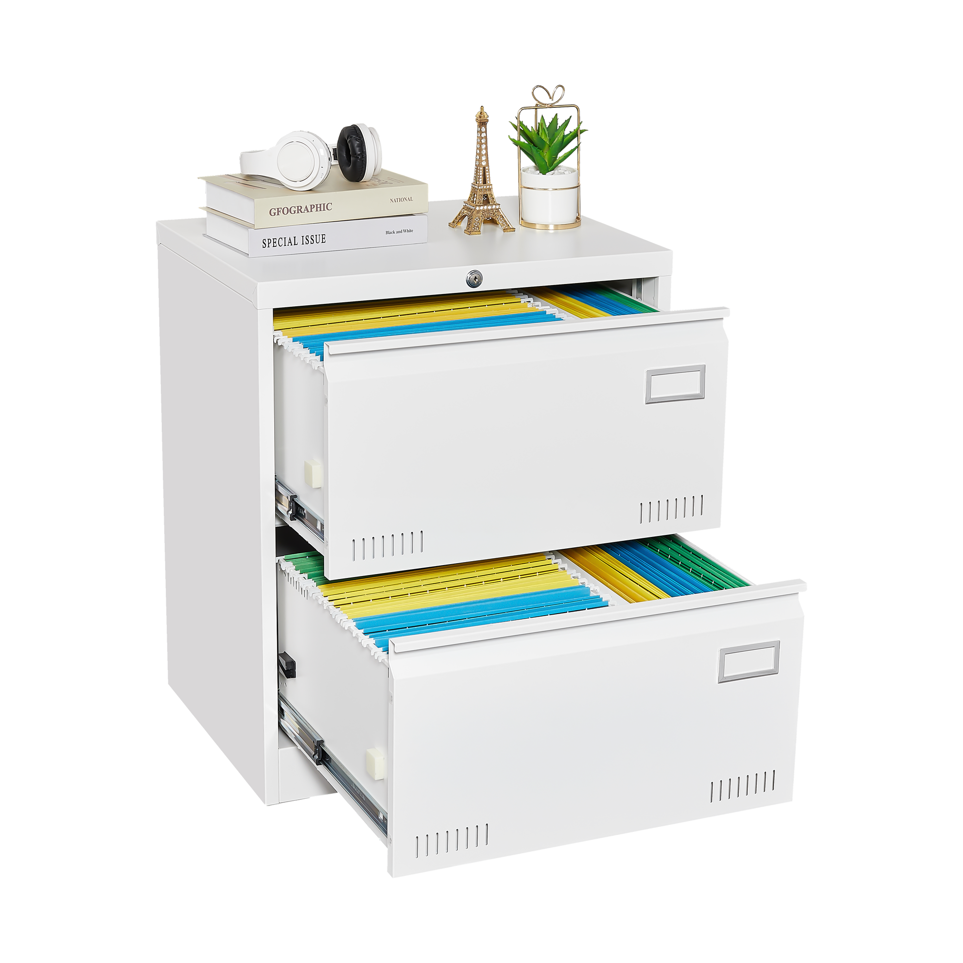 Horizontal file cabinet, 2 drawers, white file cabinet with lock, metal file cabinet with lock, 3 drawers, legal office cabinet - Korvel