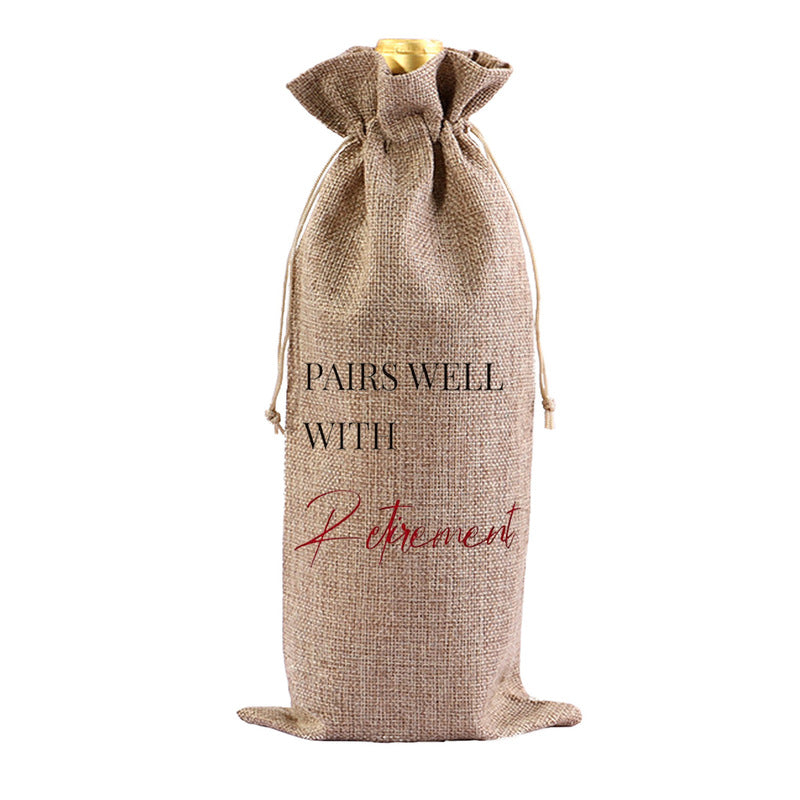 Red Wine Bag for Retirement Celebration: Party Wine Packaging Bag, Imitation Linen Drawstring Pouch, Gift Bag - Korvel