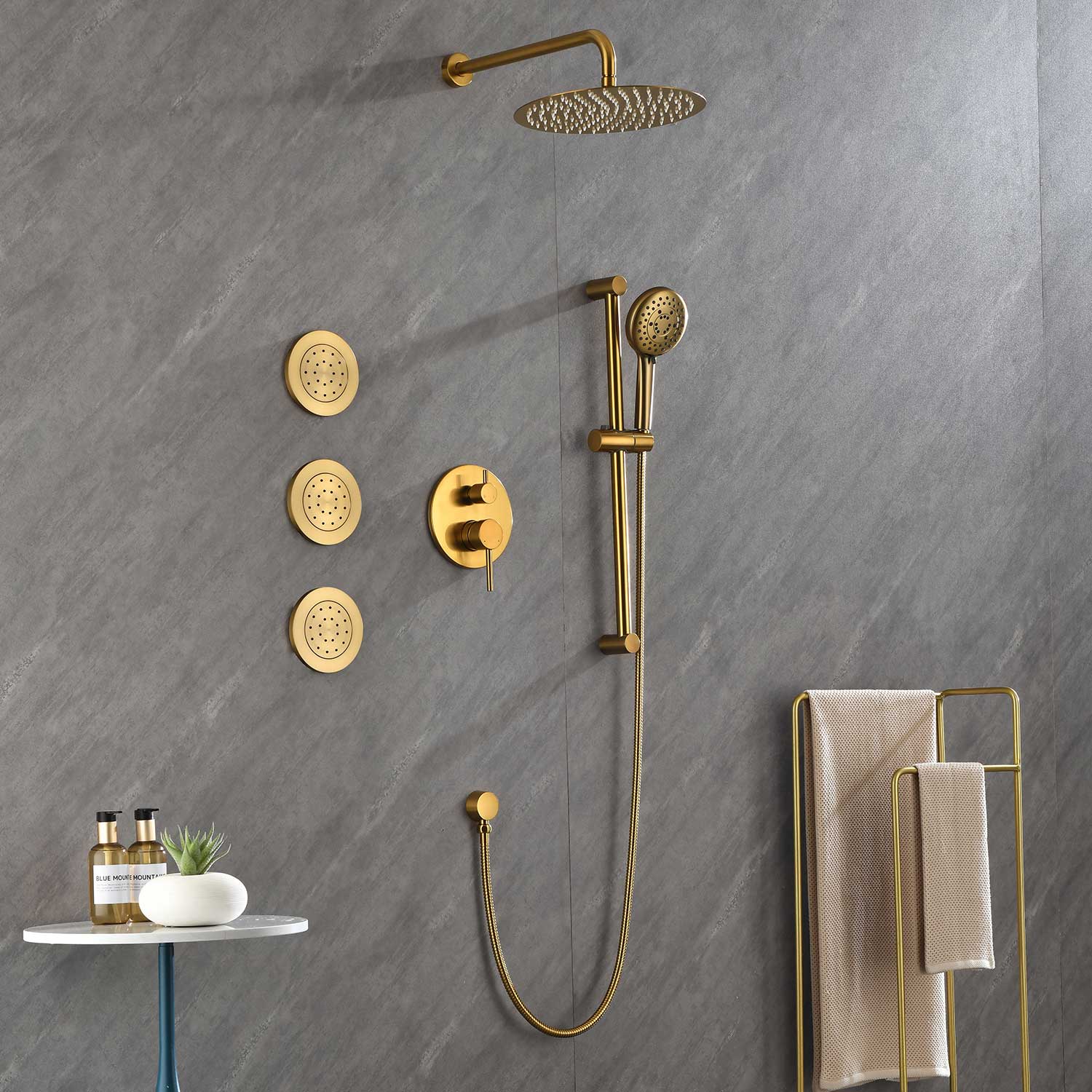 Shower System with Shower Head  Hand Shower Slide Bar Bodysprays, Shower Arm  Hose Valve Trim  and Lever Handles - Korvel
