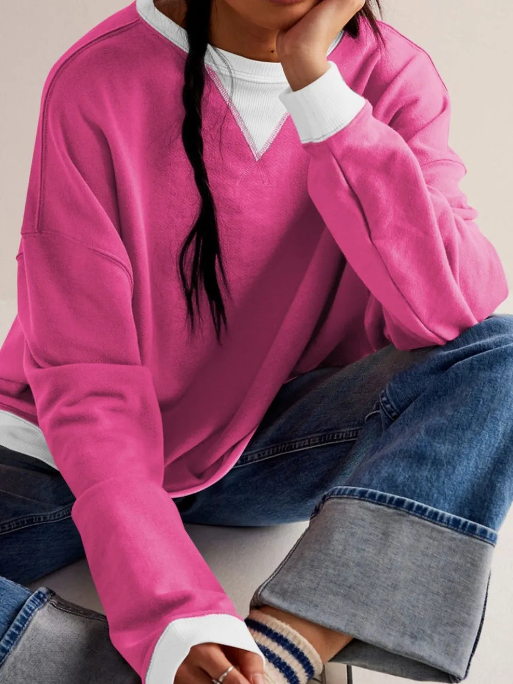 Contrast Dropped Shoulder Long Sleeve Sweatshirt - Korvel