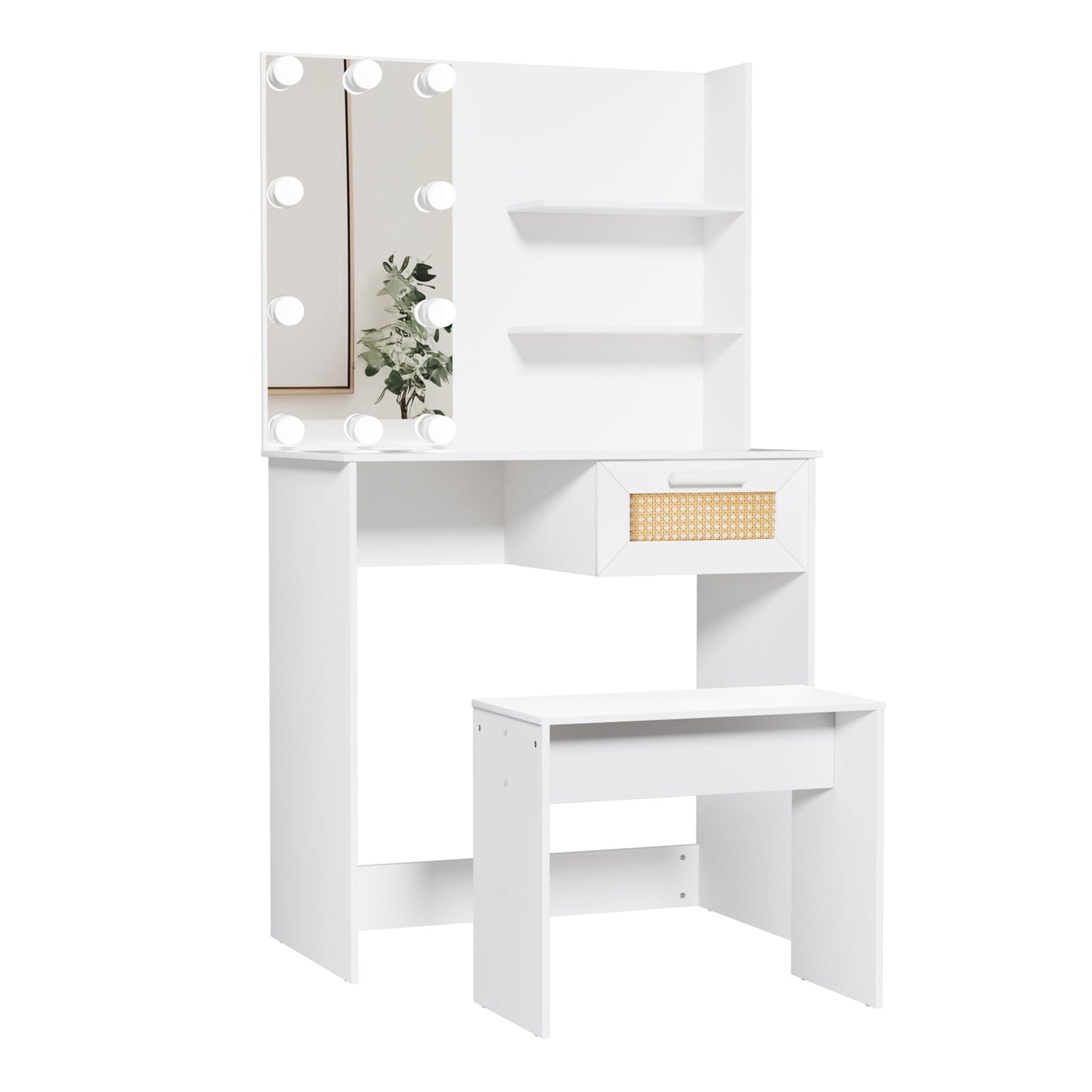 Vanity Desk Set Stool & Dressing Table with LED Lighting Mirror Drawer and Wood Cosmetic Table Chest of Drawers White Color - Korvel