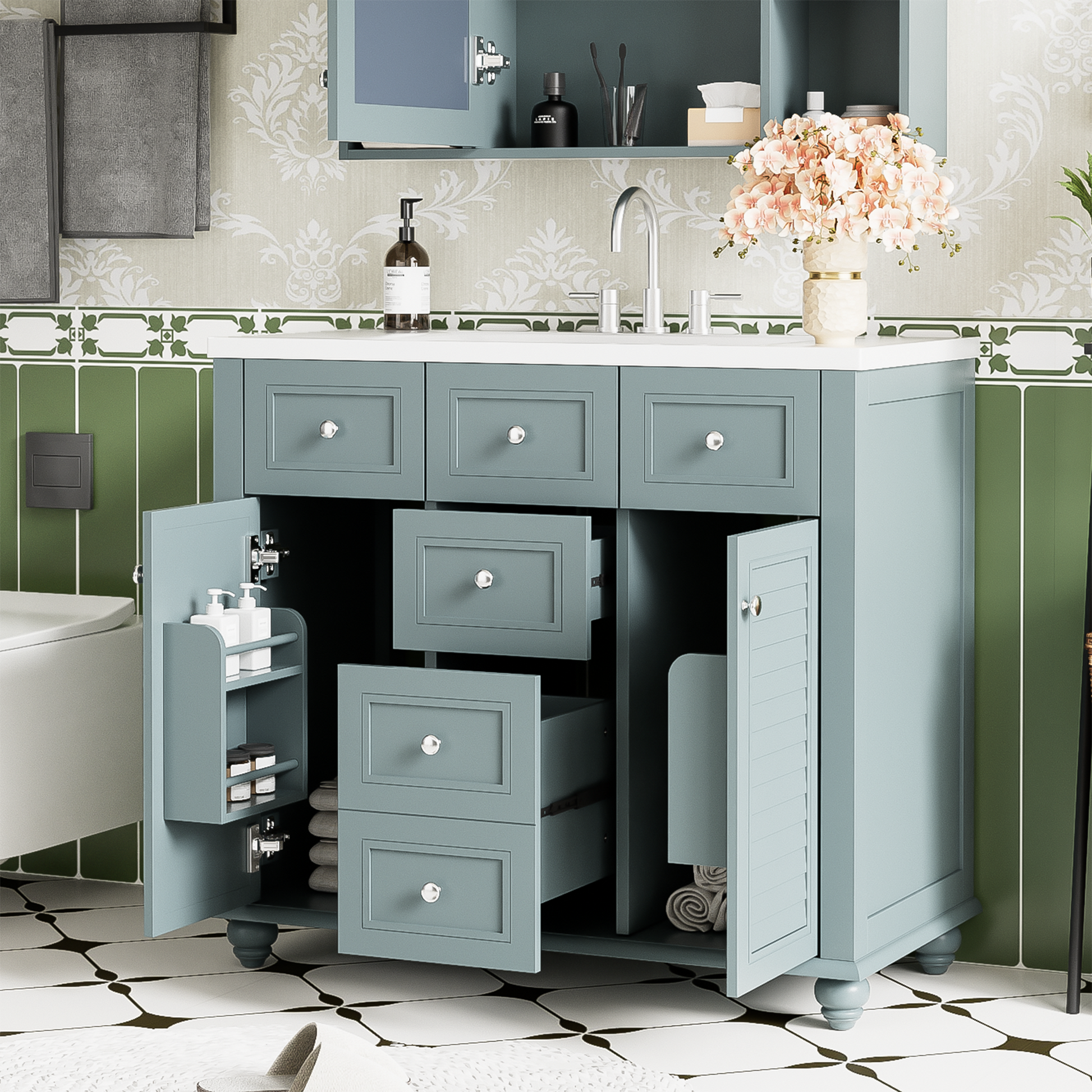 36 "bathroom makeup cabinet with resin sink combination and 2 drawers, with soft closing door, blue color - Korvel