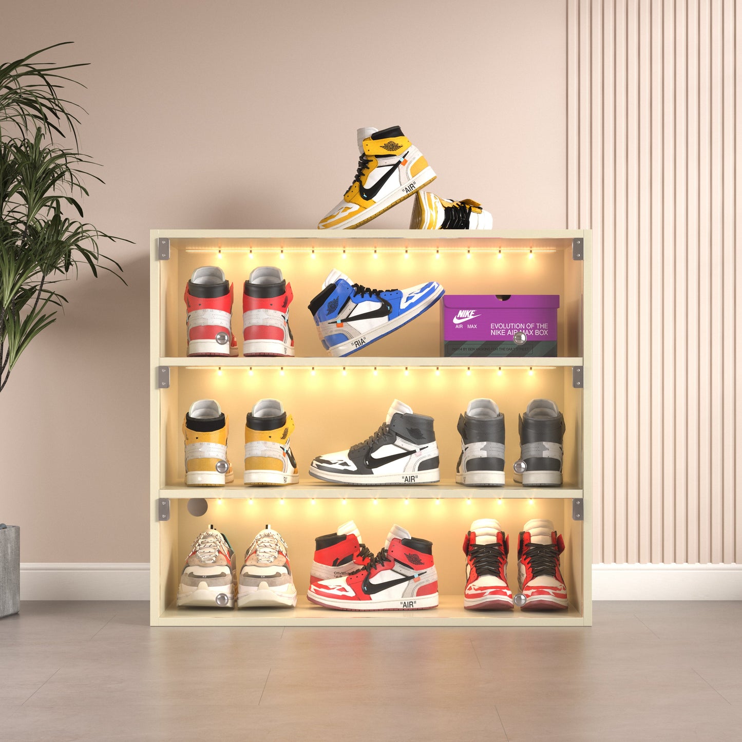 Elegant Off White LED Light Shoe Box with Glass Doors