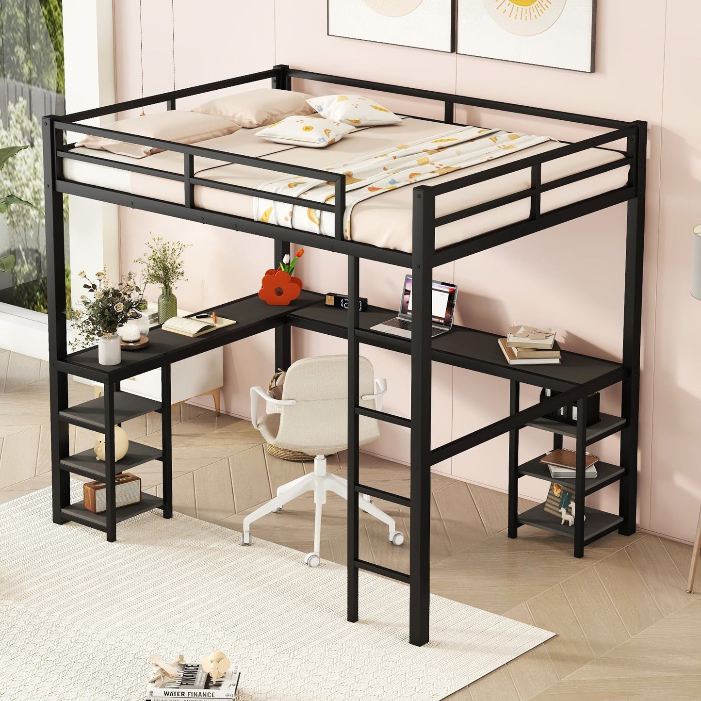 Cama loft de metal negro premium con escritorio y estantes