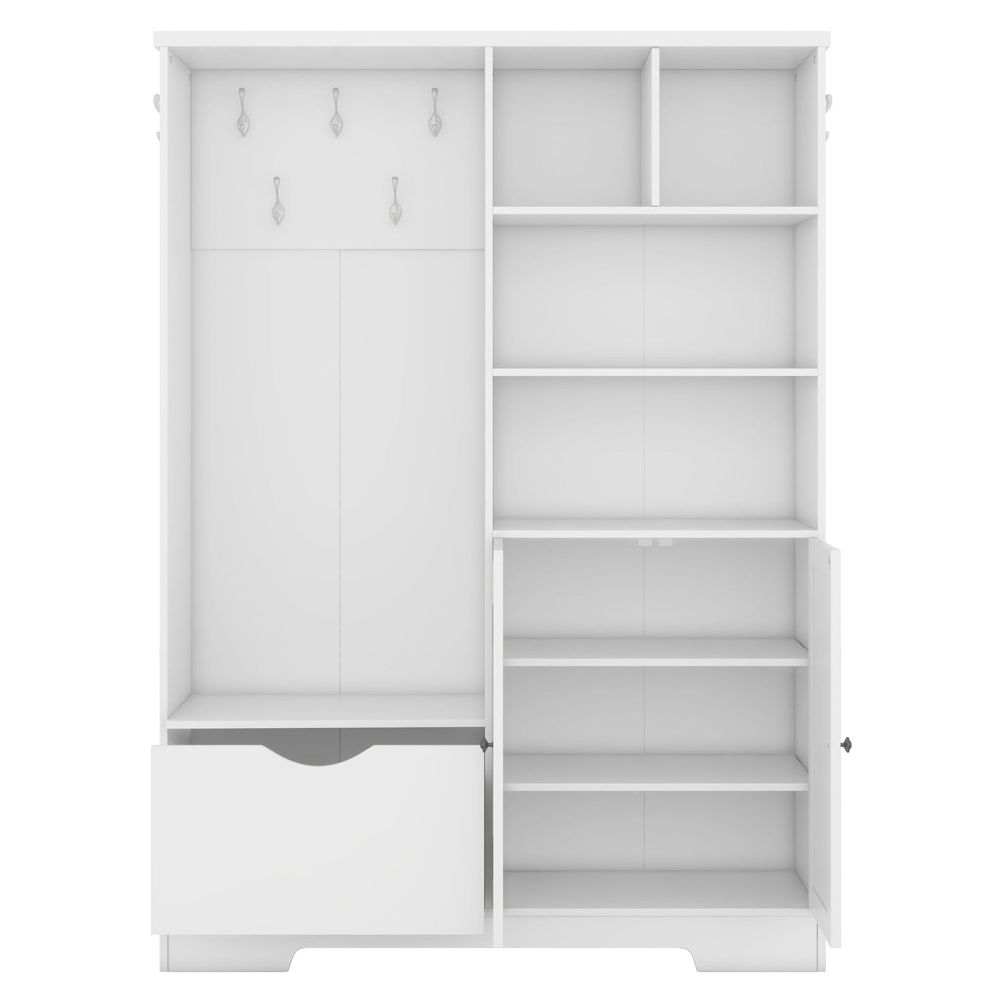 Multi-functional Hall Tree with Storage Shelves Drawers Cabinet Elegant Hallway Shoe Cabinet with Bench Modern Coat Rack White - Korvel