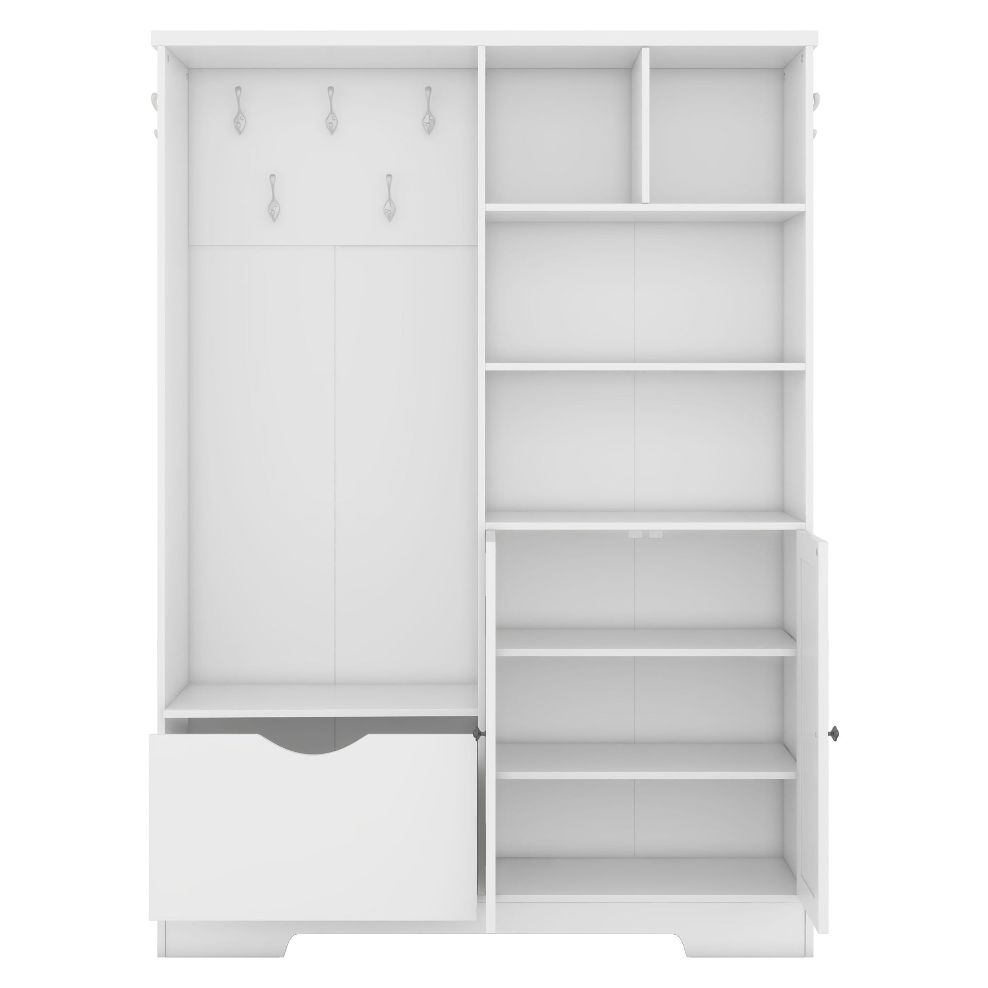 Multi-functional Hall Tree with Storage Shelves Drawers Cabinet Elegant Hallway Shoe Cabinet with Bench Modern Coat Rack White - Korvel