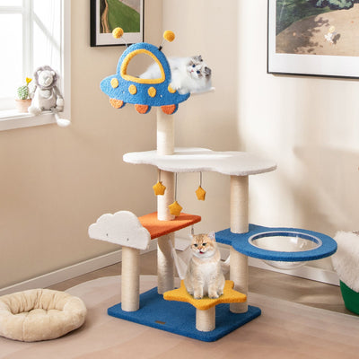 Árbol para gatos azul de 49 pulgadas con perchero en forma de OVNI y postes para rascar