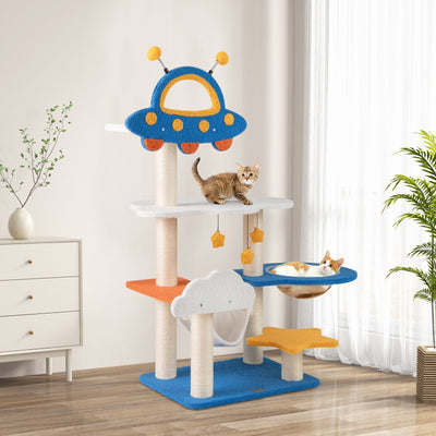 Árbol para gatos azul de 49 pulgadas con perchero en forma de OVNI y postes para rascar