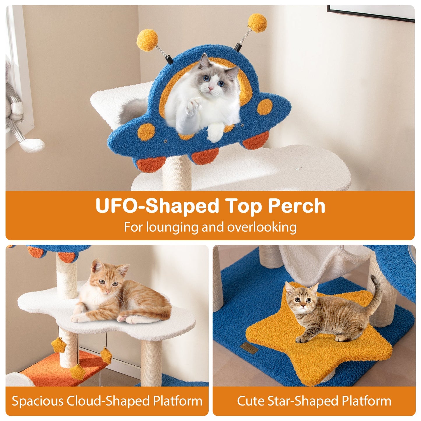 49-Inch Blue Cat Tree with UFO Perch and Scratching Posts