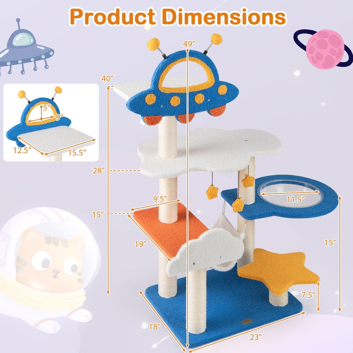 49-Inch Blue Cat Tree with UFO Perch and Scratching Posts