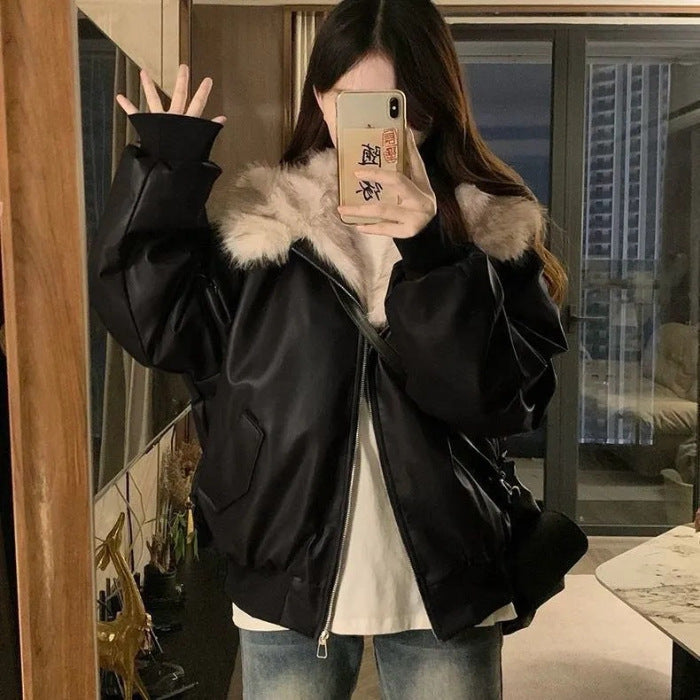 Thickened Warm Leather Short Jacket with Mountain Eagle Fur Collar