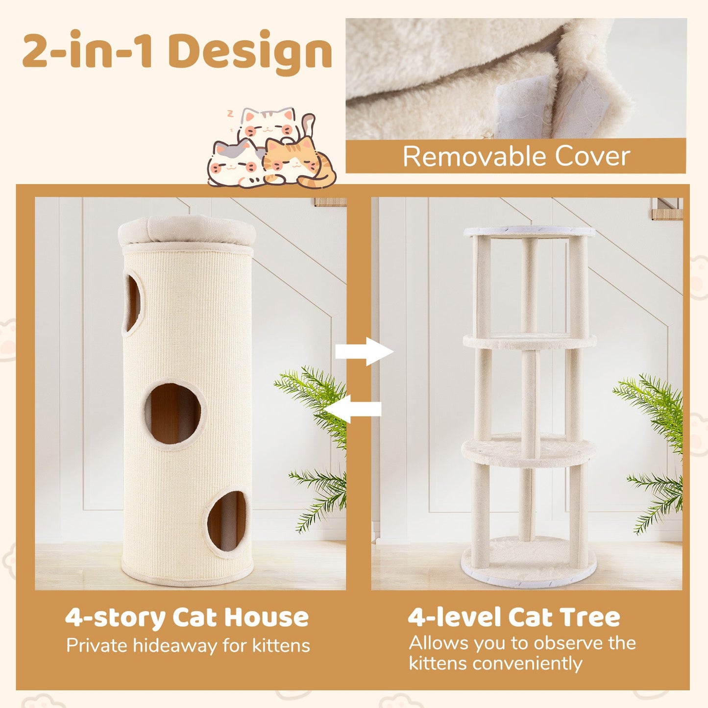 Caverne pour Chats Élevée de 49 Pouces - Maison à 4 Niveaux pour Chats Multiples