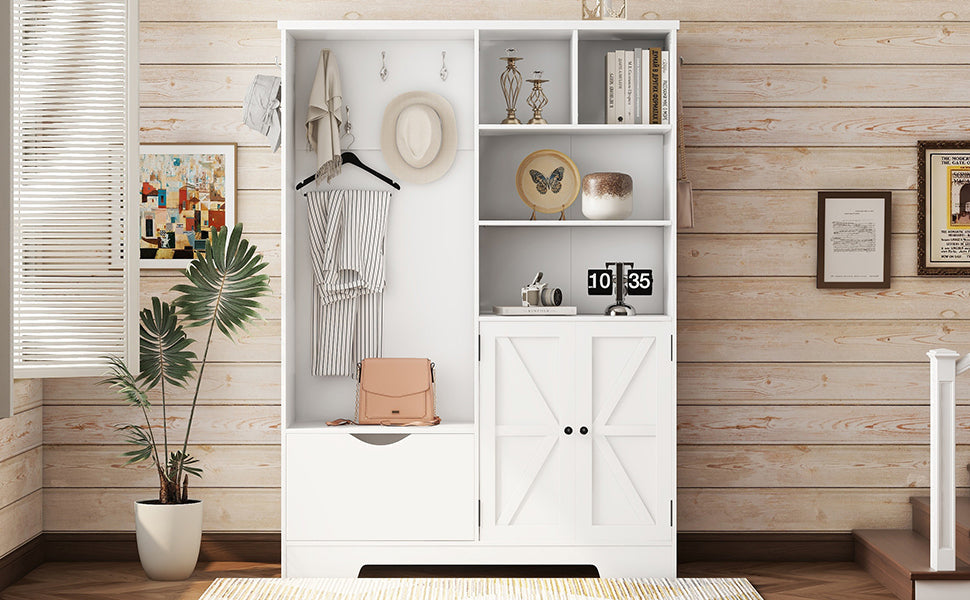 Multi-functional Hall Tree with Storage Shelves Drawers Cabinet Elegant Hallway Shoe Cabinet with Bench Modern Coat Rack White - Korvel