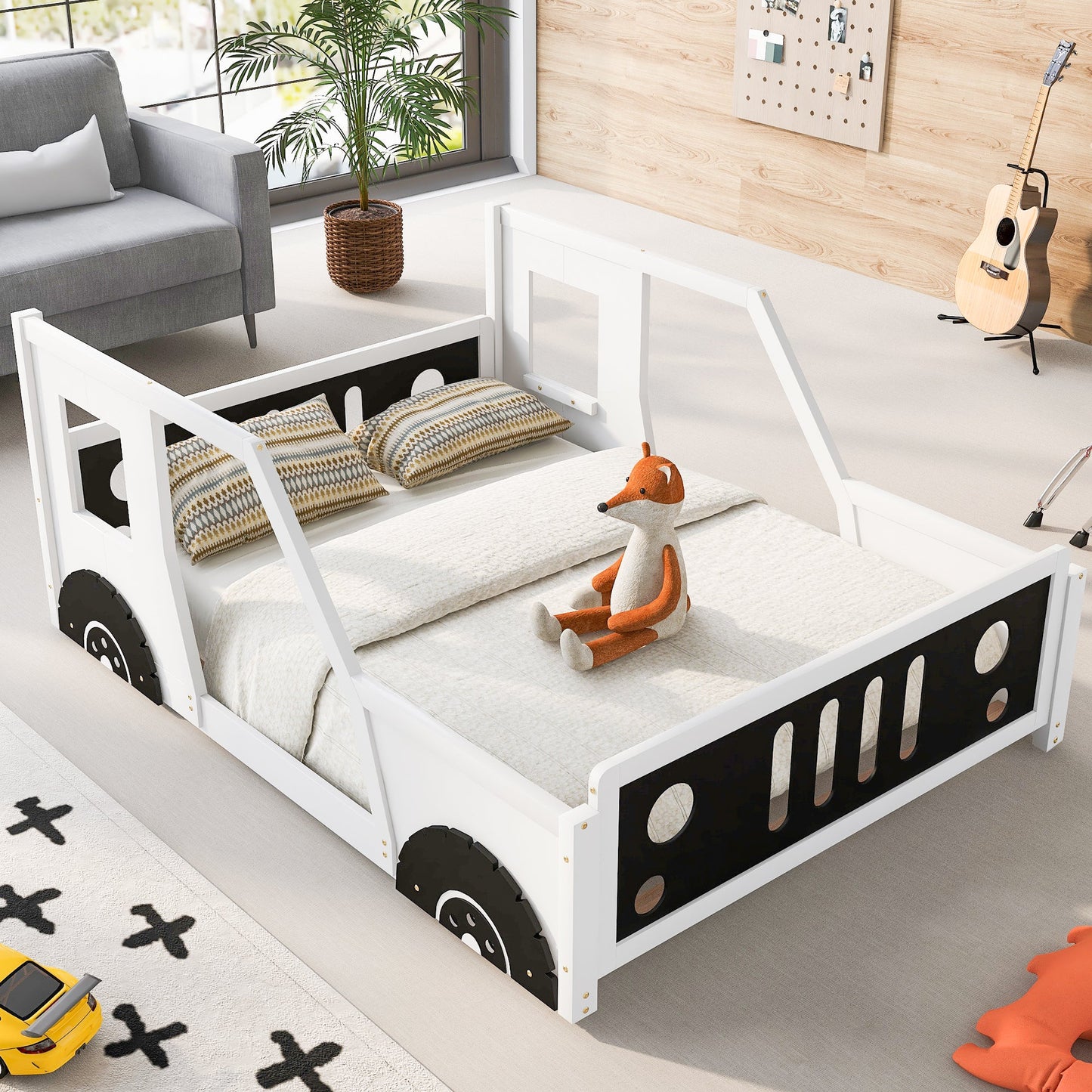 Full Size Classic Car-Shaped Platform Bed with Wheels White - Korvel