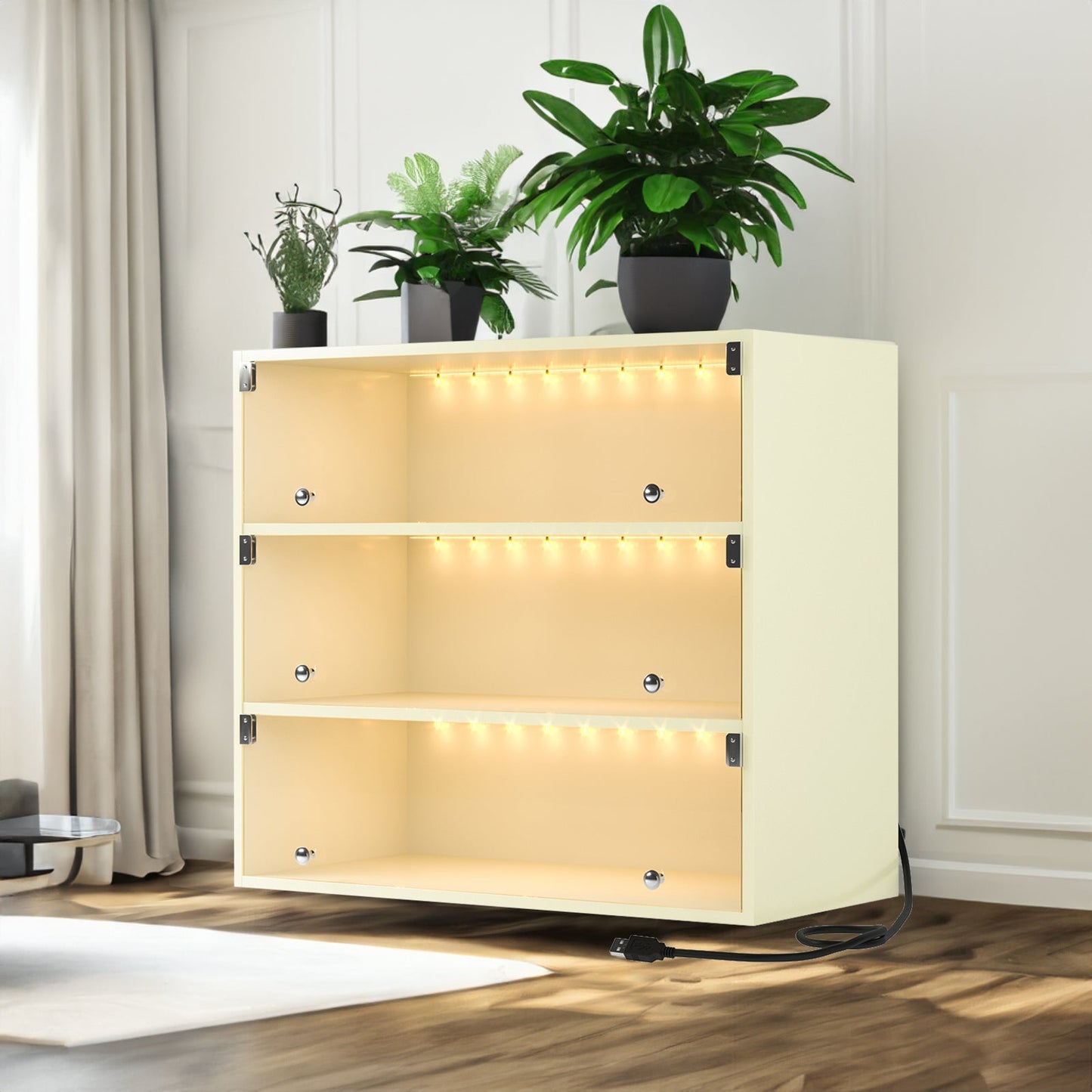 Elegant Off White LED Light Shoe Box with Glass Doors