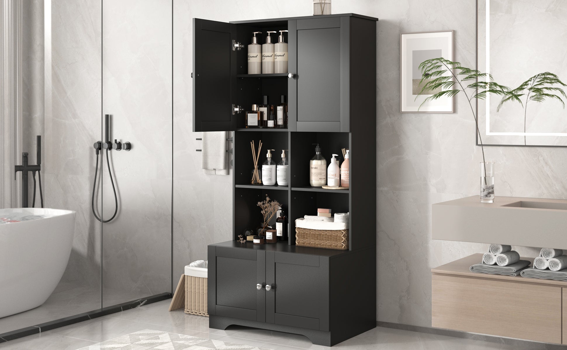 Bathroom storage cabinet, 4-door independent cabinet, adjustable shelf, open multi-layer shelf, black - Korvel