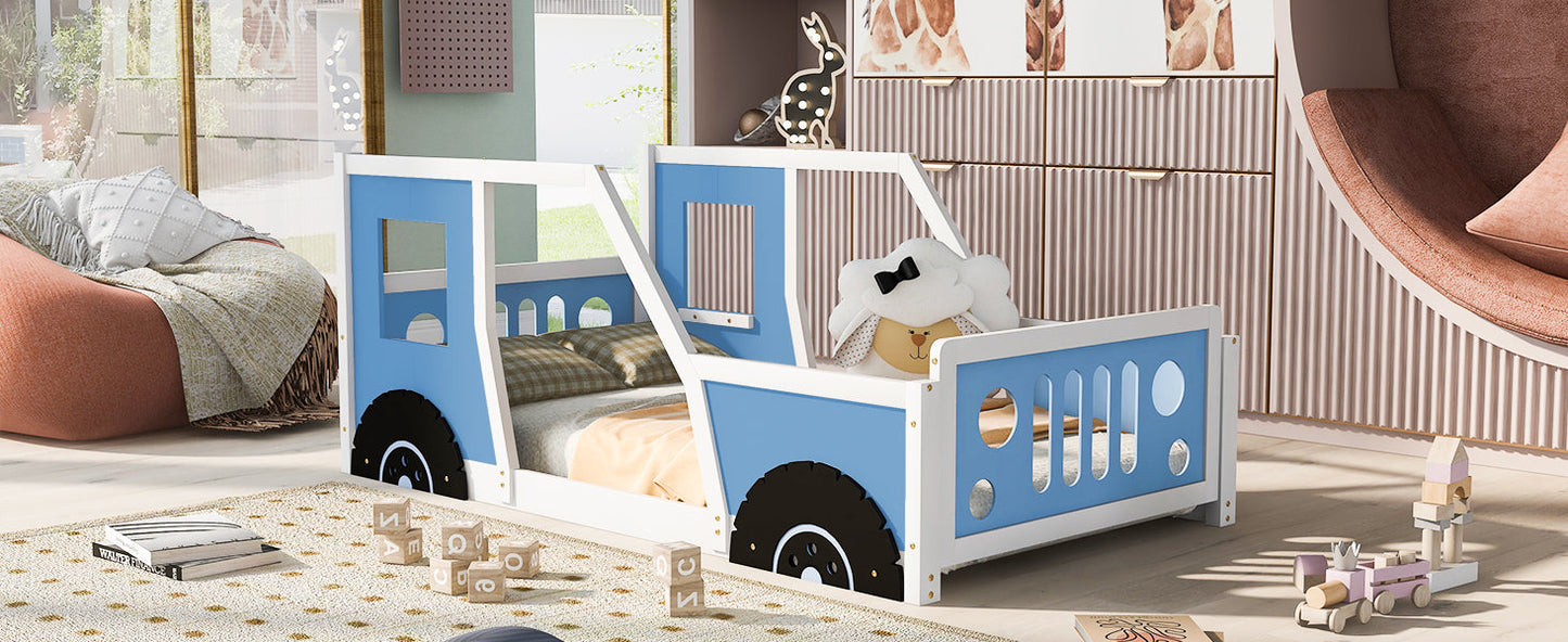 Twin Size Classic Car-Shaped Platform Bed with Wheels - Blue