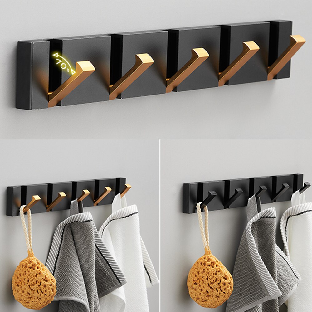 Folding Towel Hanger 2ways Installation Wall Hooks Coat Clothes Holder for Bathroom Kitchen Bedroom Hallway, Black Gold - Korvel