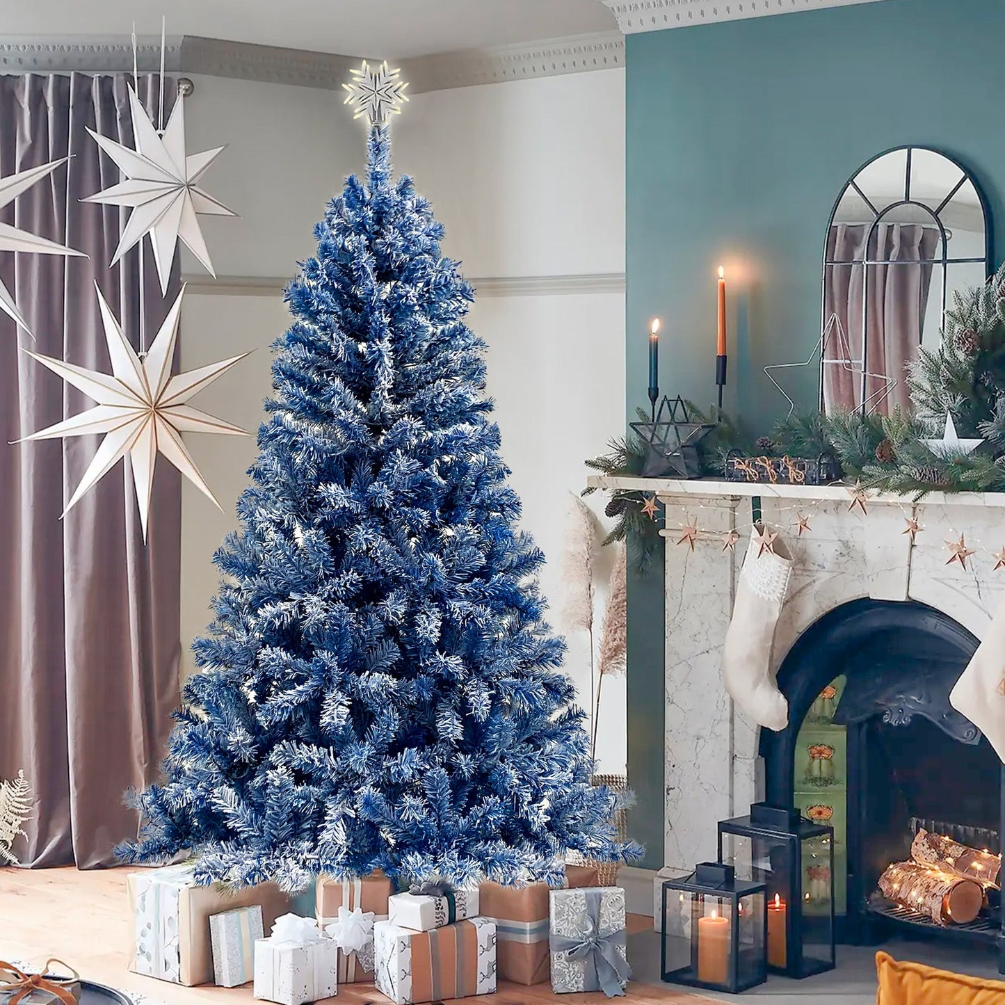 6FT pre ignited hinge chain artificial fir Christmas tree, Christmas tree snowflake flocking person with 750 Christmas branches - Korvel