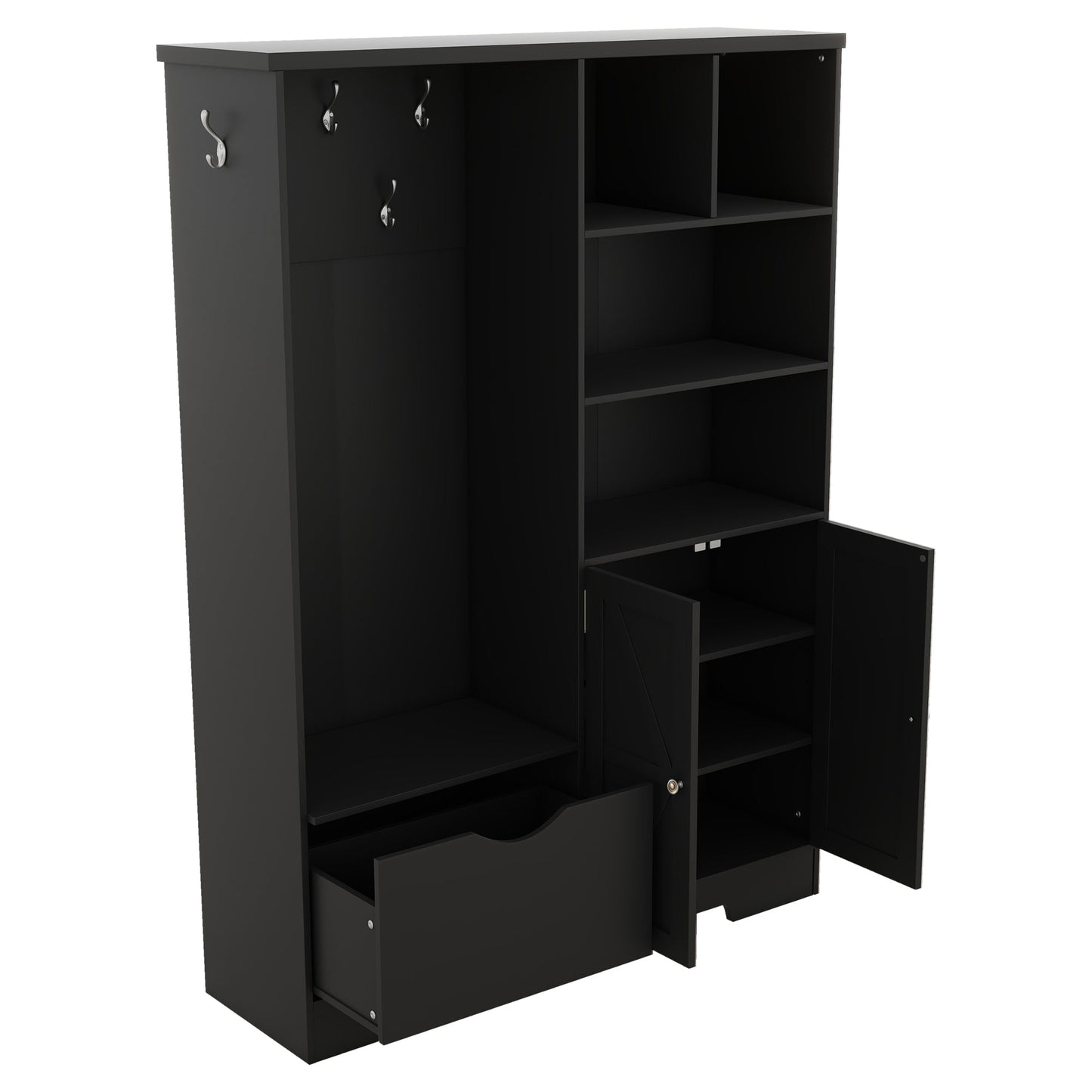 Multi-functional Hall Tree with Storage Shelves Drawers and Cabinet, Elegant Hallway Shoe Cabinet with Bench Modern Black - Korvel