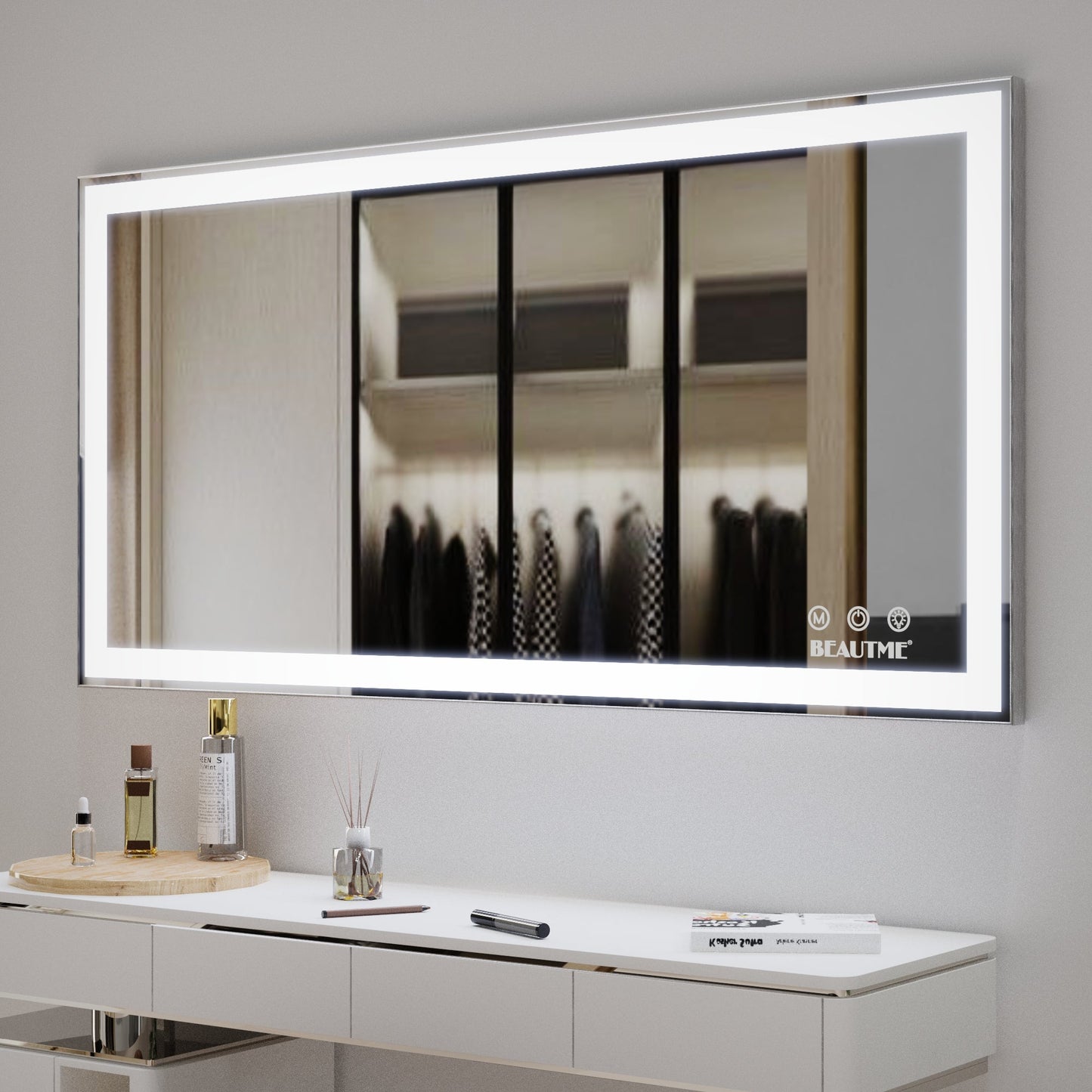 48x24 inch LED bathroom makeup mirror wall mounted adjustable light anti fog touch switch with memory intelligent large bathroom - Korvel