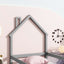 Lit simple taille jumeau en bois gris avec tête de lit en forme de maison