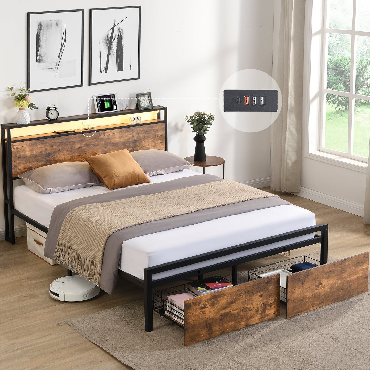 Queen Size Metal Platform Bed with Storage and LED Lighting