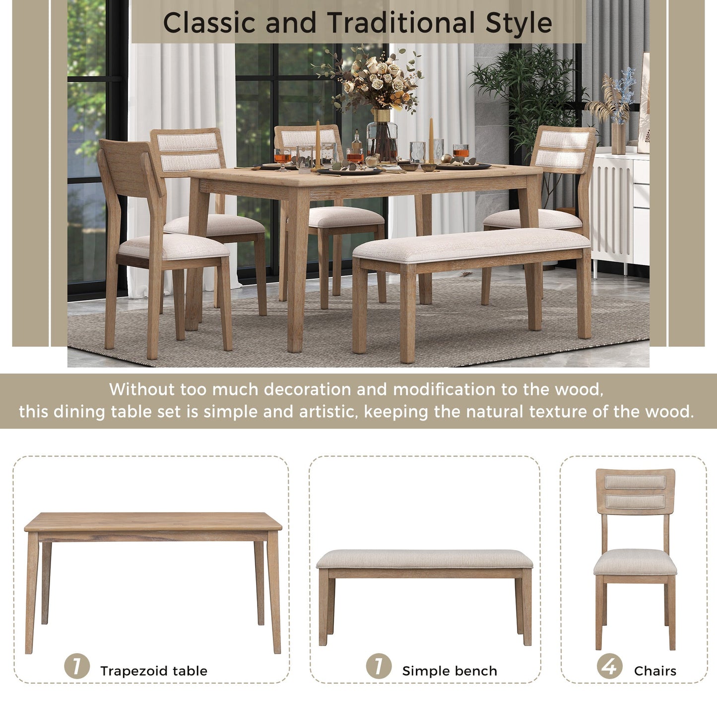 TREXM Classic and Traditional Style 6 - Piece Dining Set, Includes Dining Table, 4 Upholstered Chairs & Bench (Natural Wood Wash） - Korvel