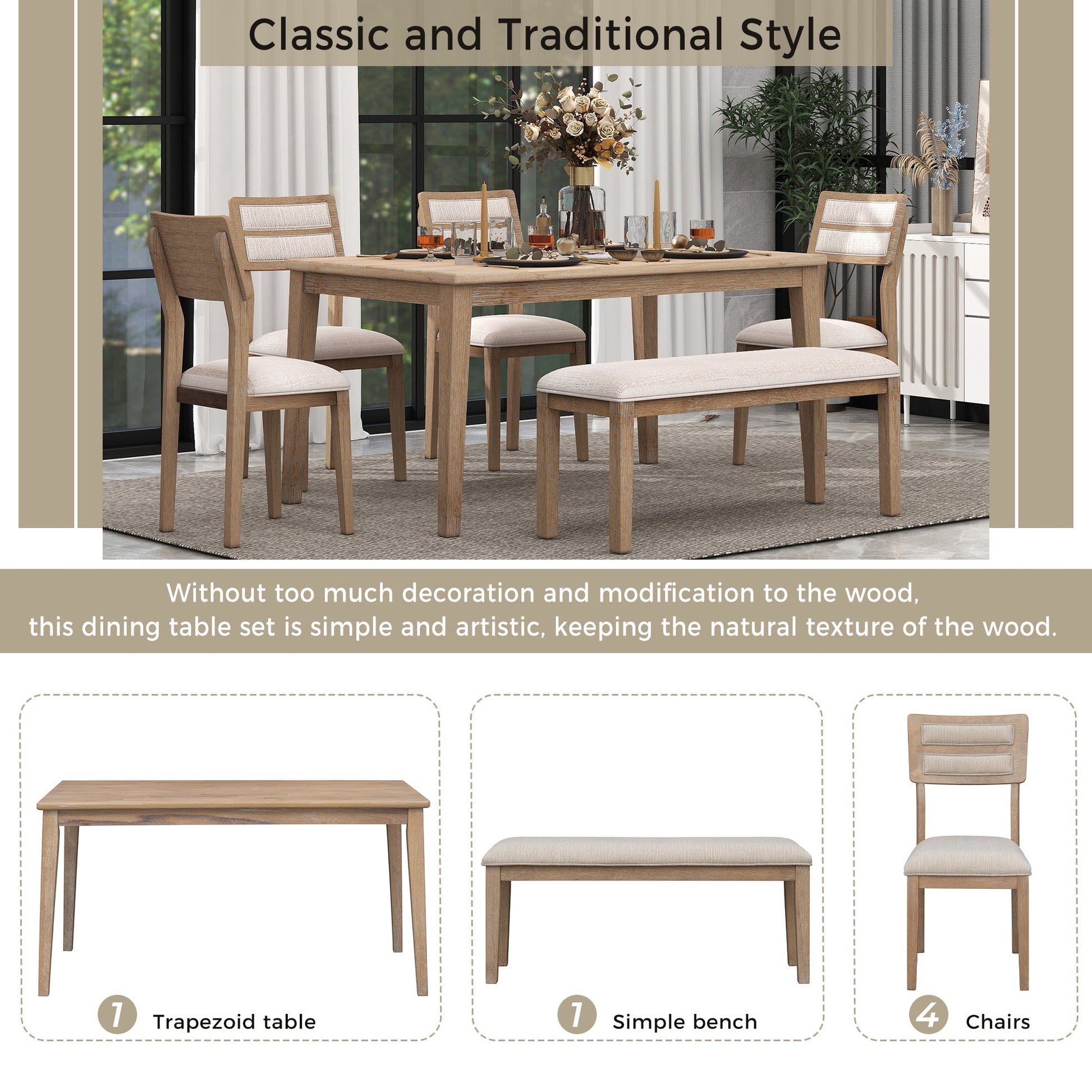 TREXM Classic and Traditional Style 6 - Piece Dining Set, Includes Dining Table, 4 Upholstered Chairs & Bench (Natural Wood Wash） - Korvel