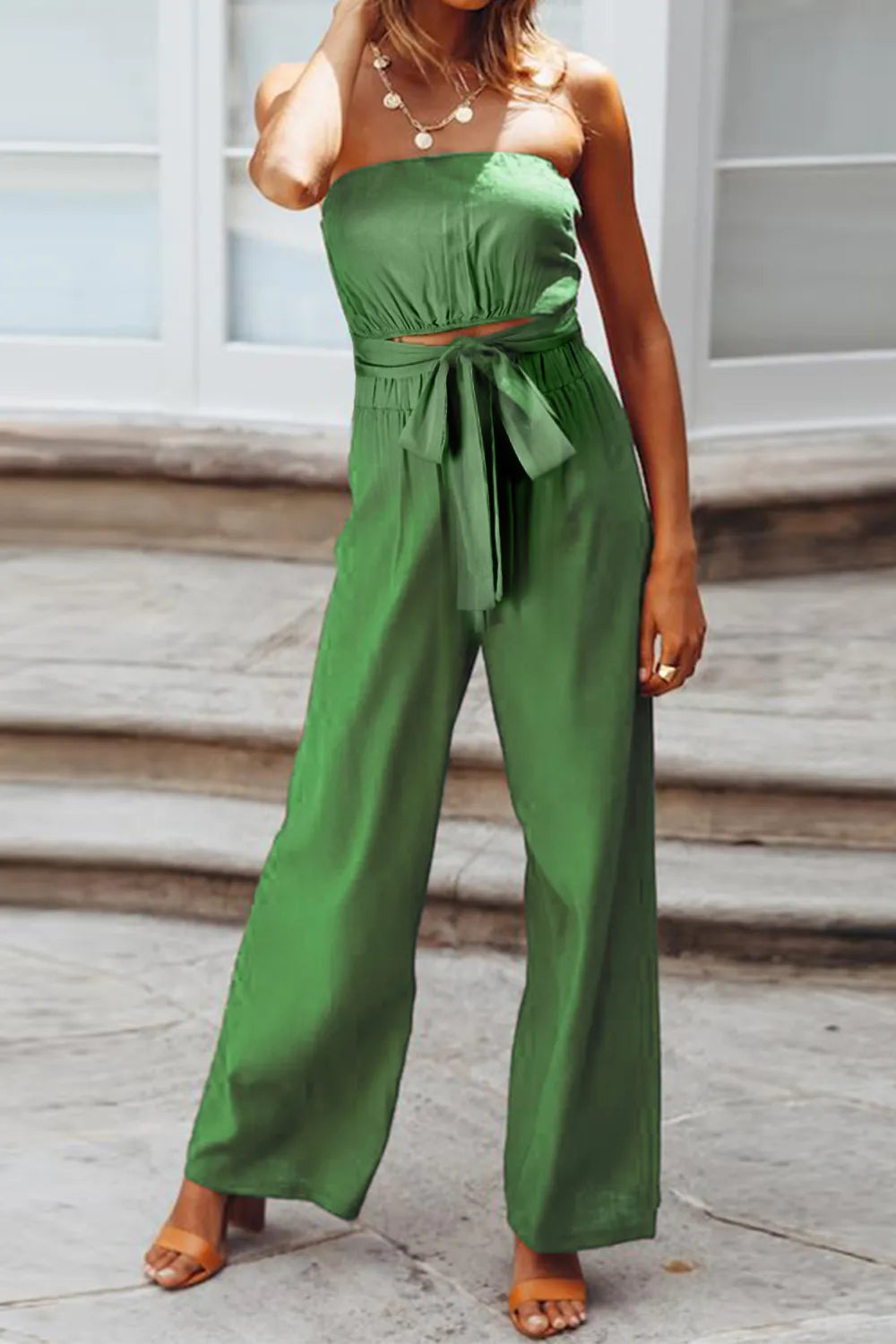 Tied Cutout Tube Wide Leg Jumpsuit - Korvel
