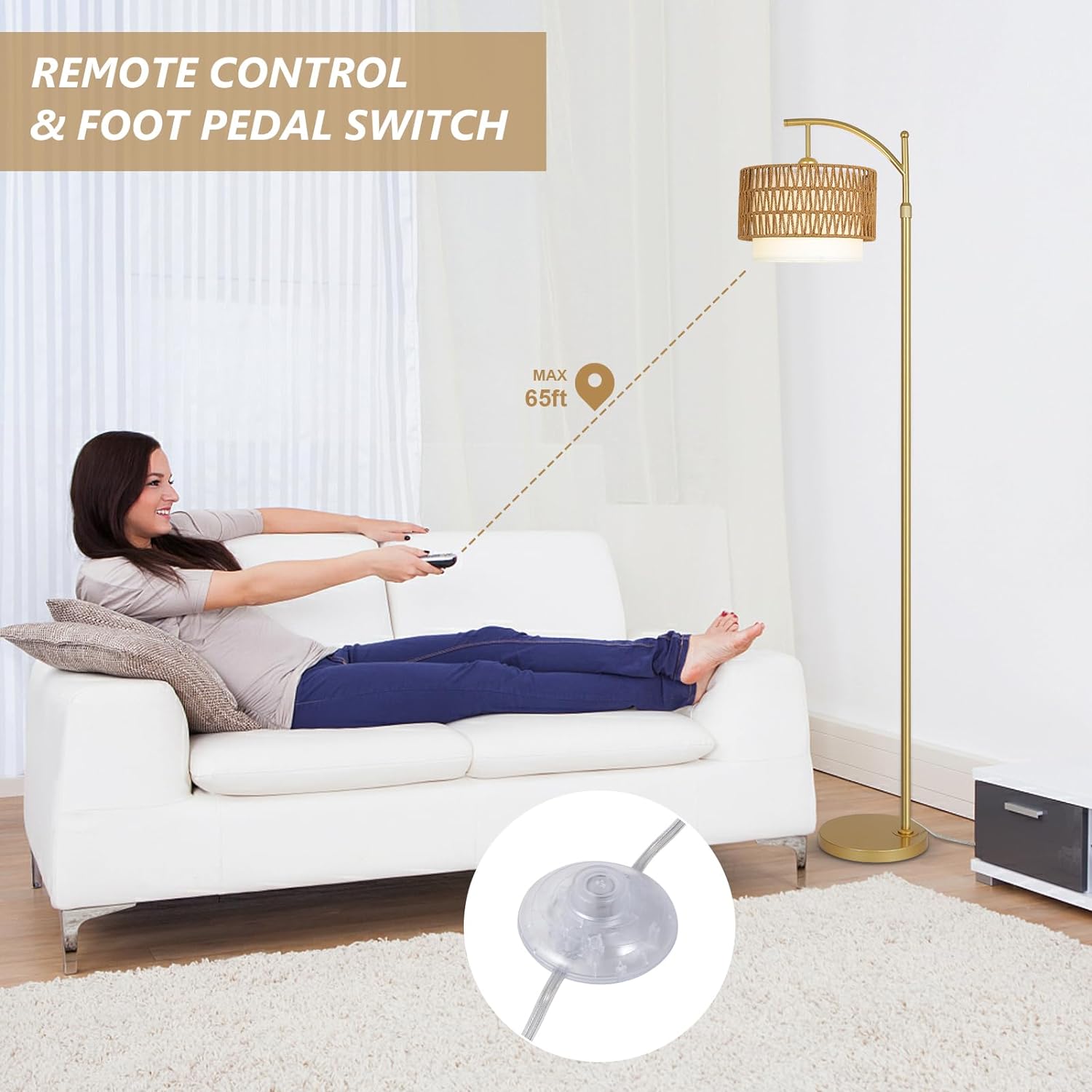Gold Floor Lamps for Living Room with Remote & Dimmable LED Bulb, Modern Arc Floor Lamp with 3 Color Temperatures - Korvel